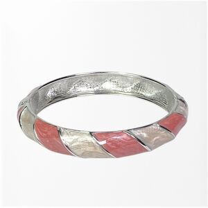 Pink Cream Stripe Clamper Bracelet Silver Tone Metal Hinged Enameled Feminine